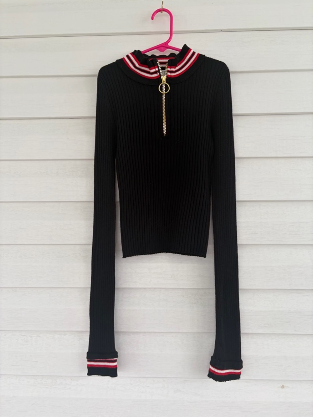 ✨ 3 for $15 Bundle Deal ✨ Black Ribbed Sweatshirt with Red/White Stripes